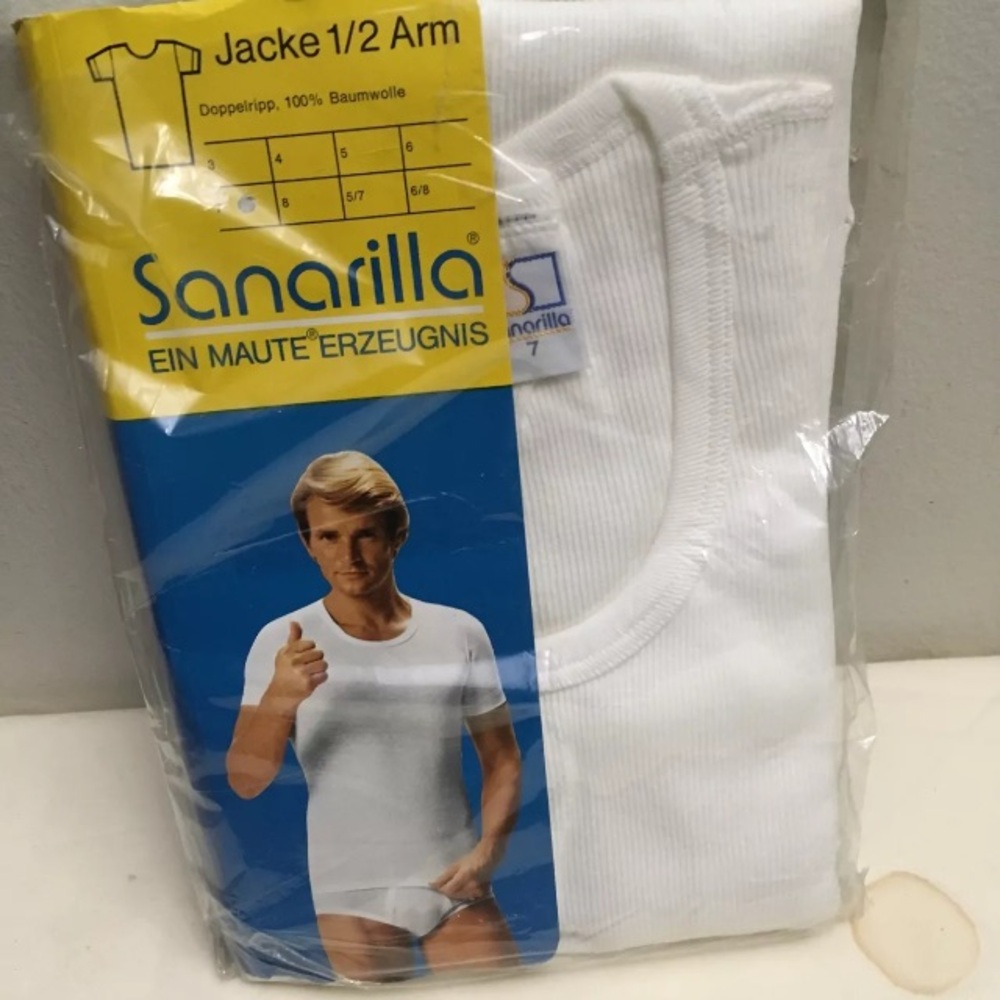 1980s SANARILLA Mens Soft Cotton Ribbed T-Shirt Size 7 (Europe) Crew Neck White